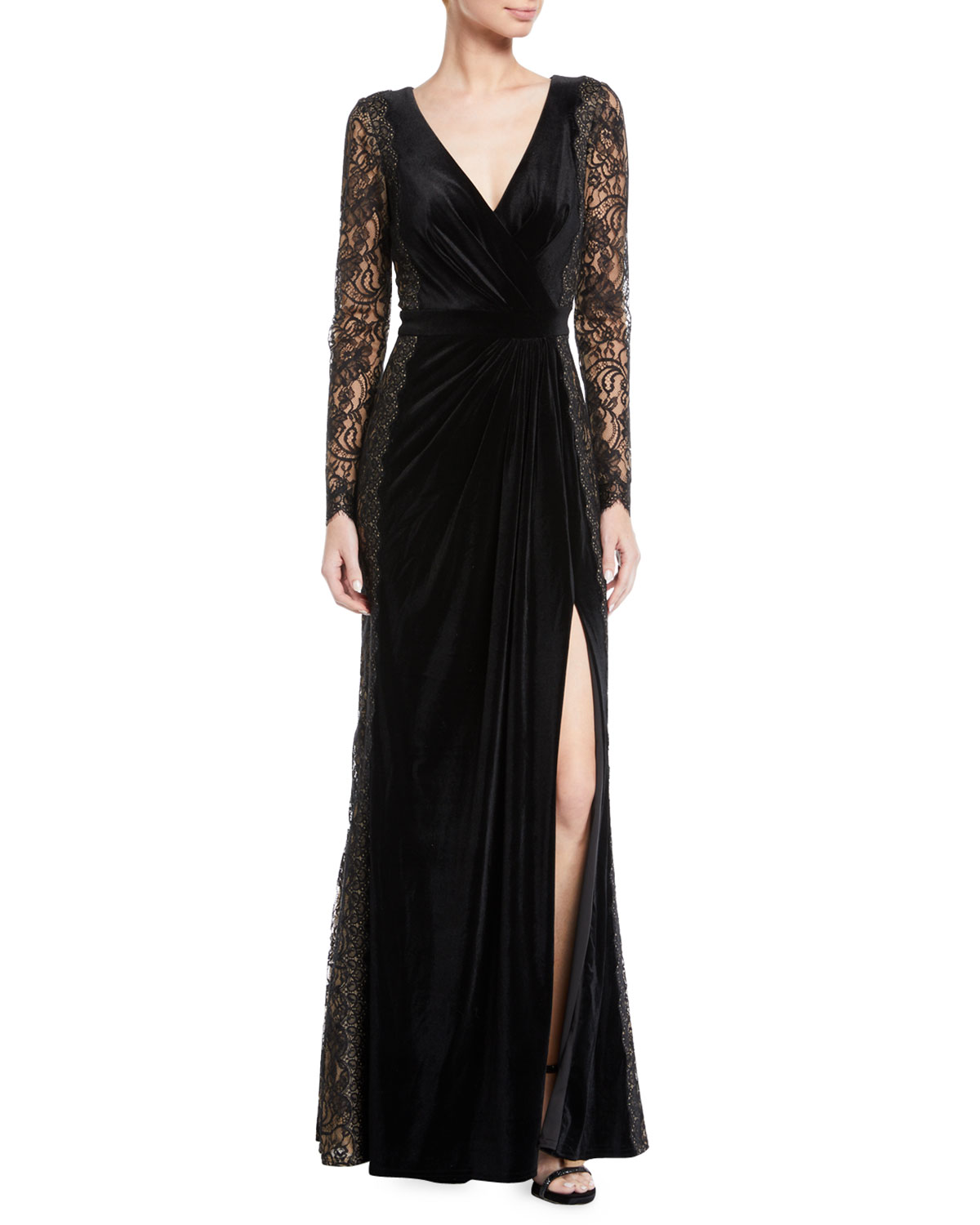 タダシショージ マキシ寸 ロング ドレス ワンピース 黒 レース ドレープ