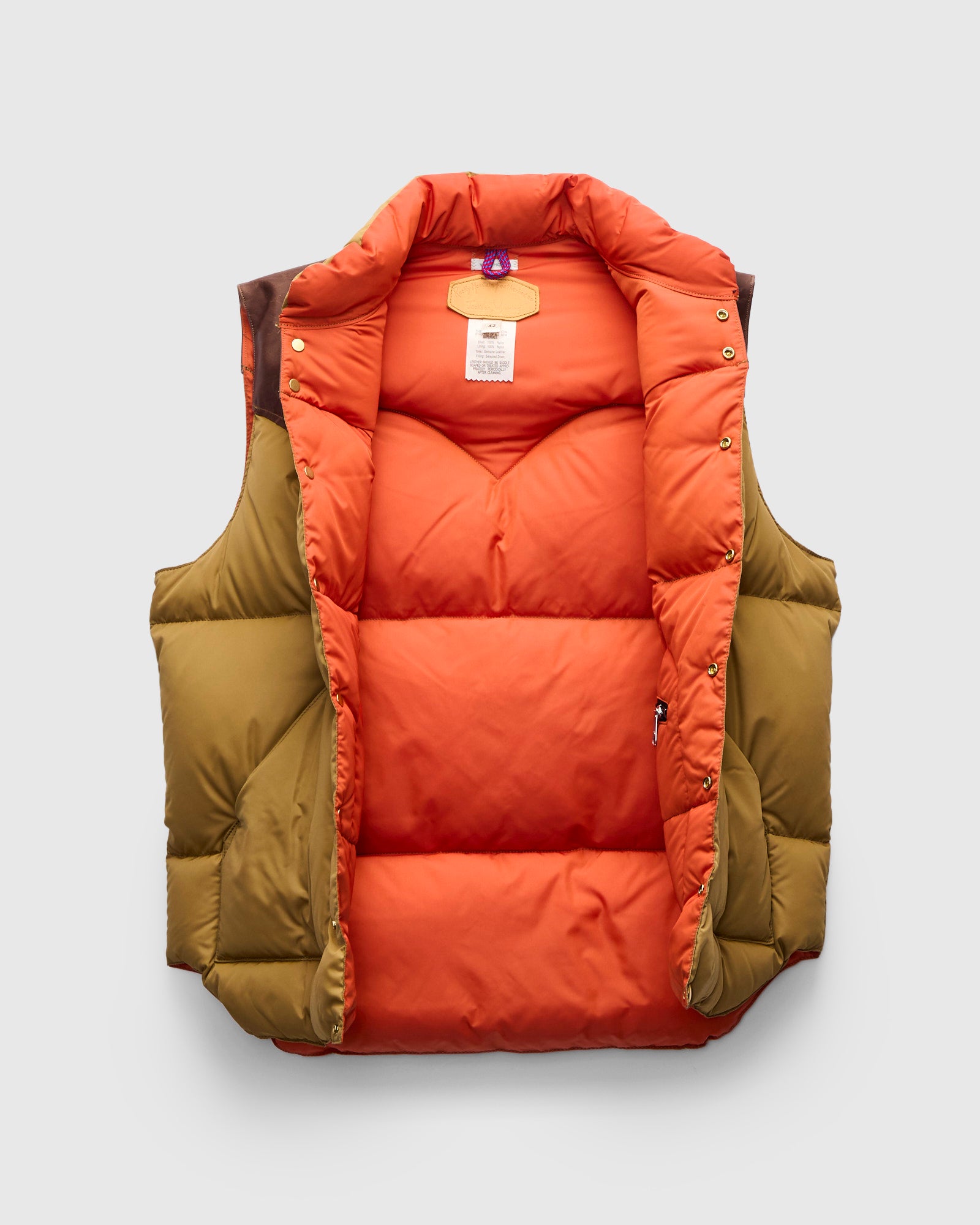 Rocky Mountain Featherbed x Warehouse Nylon Down Vest in Camel