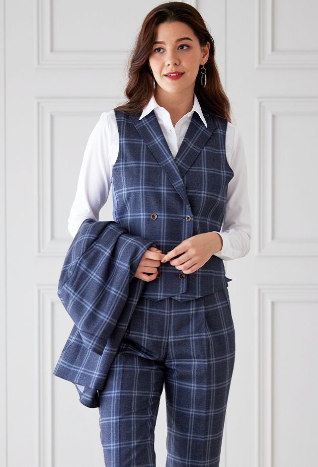 ブルースーツ・チェックのコーディネート（DORMEUIL）｜590720