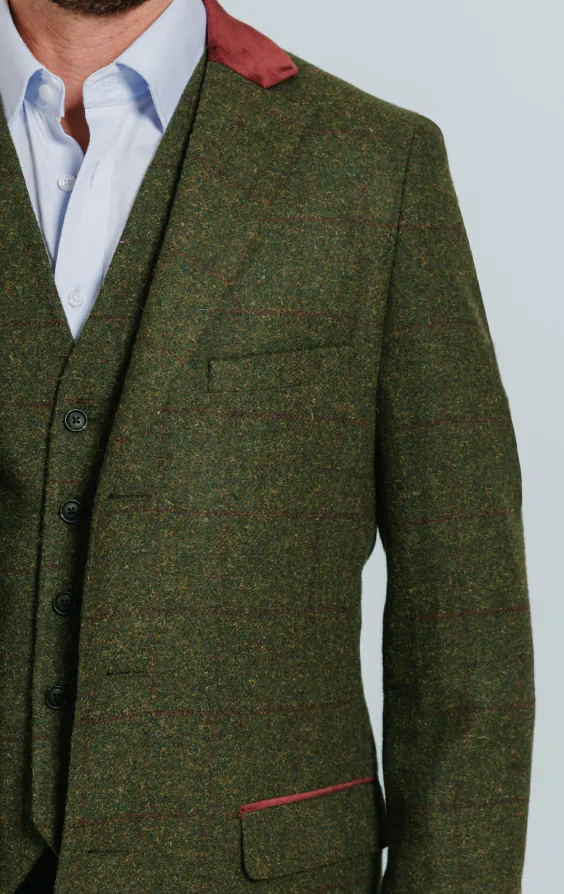 Dobell Green Windowpane Check Tweed Overcoat with Velvet Trims