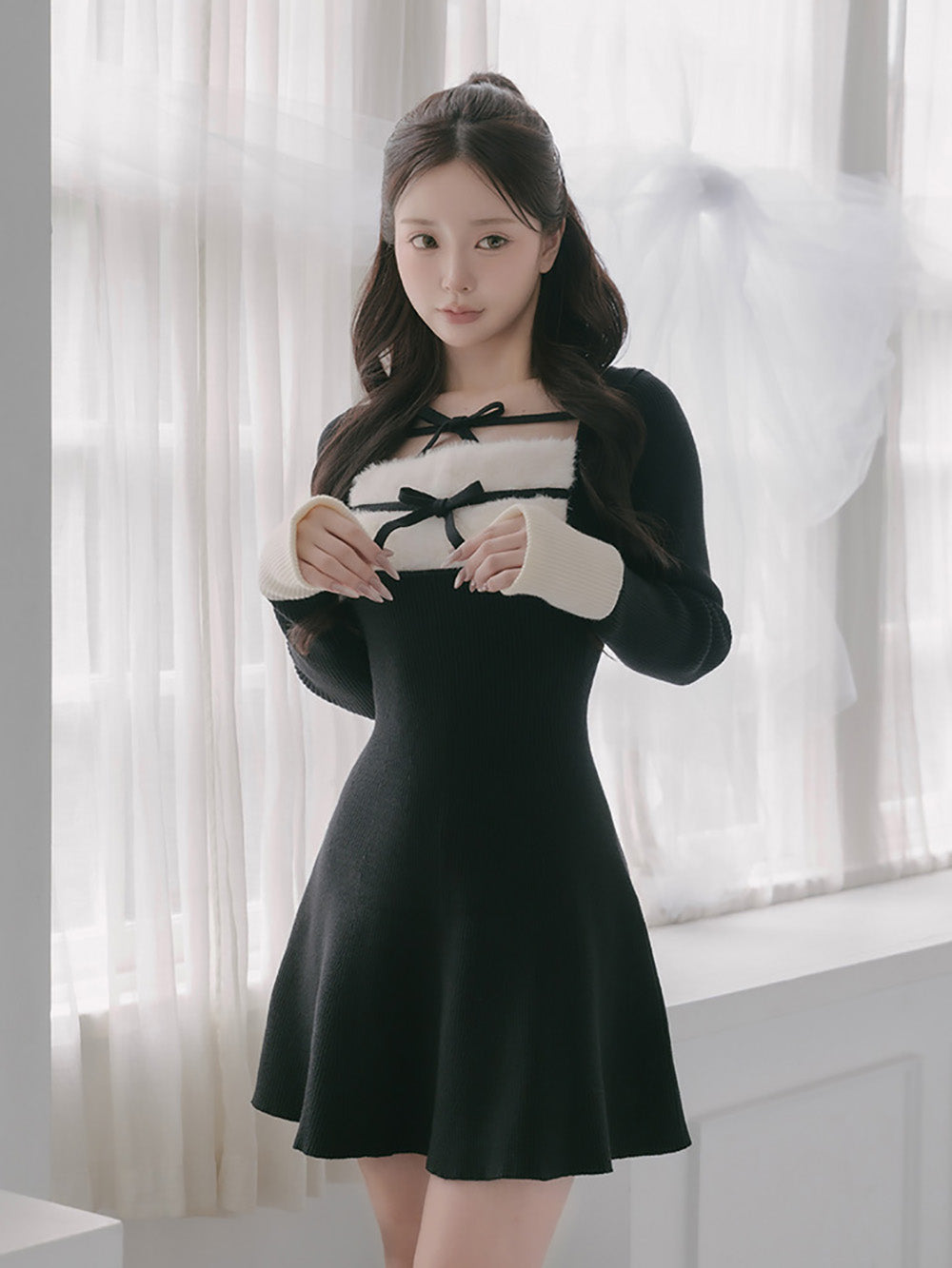 リボンファーフレアニットミニワンピース – Darich (ダーリッチ)