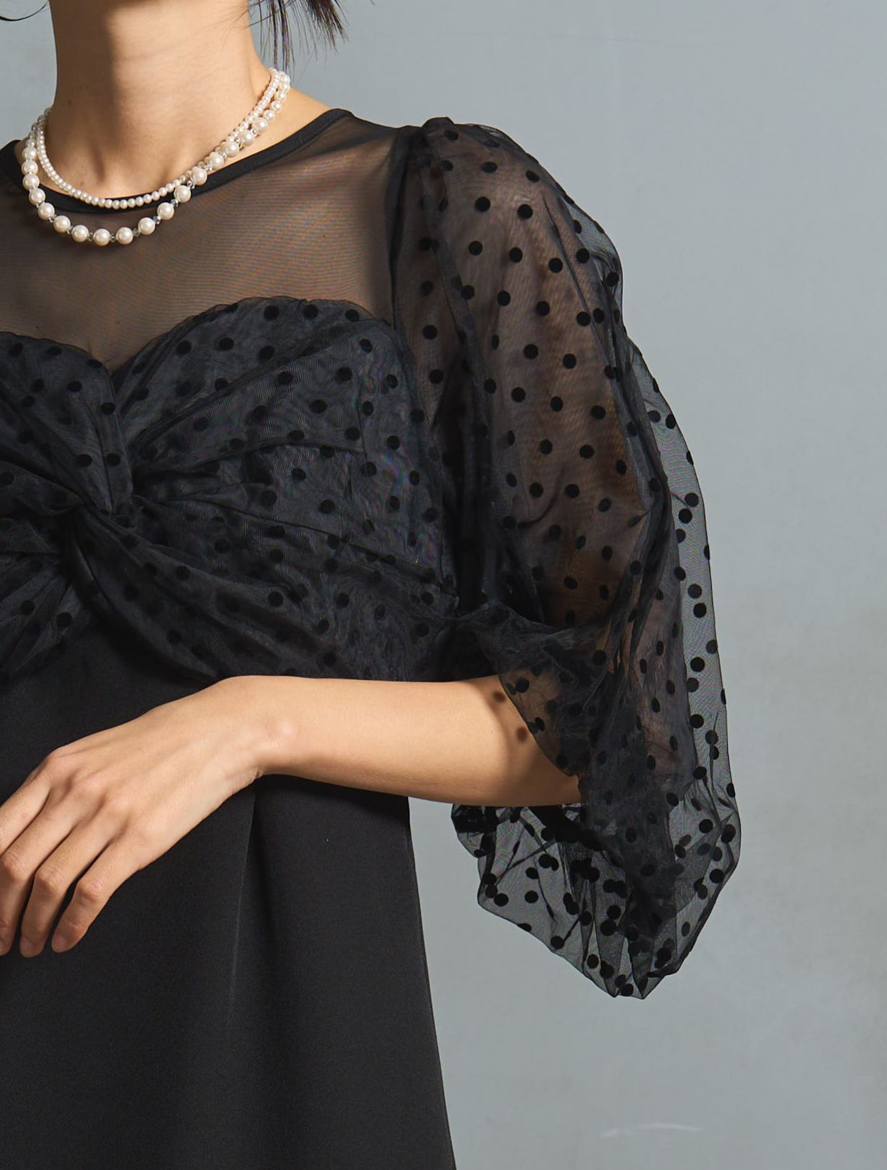 M】フロッキードットペンシルロングドレス（ブラック）DPSET0750の