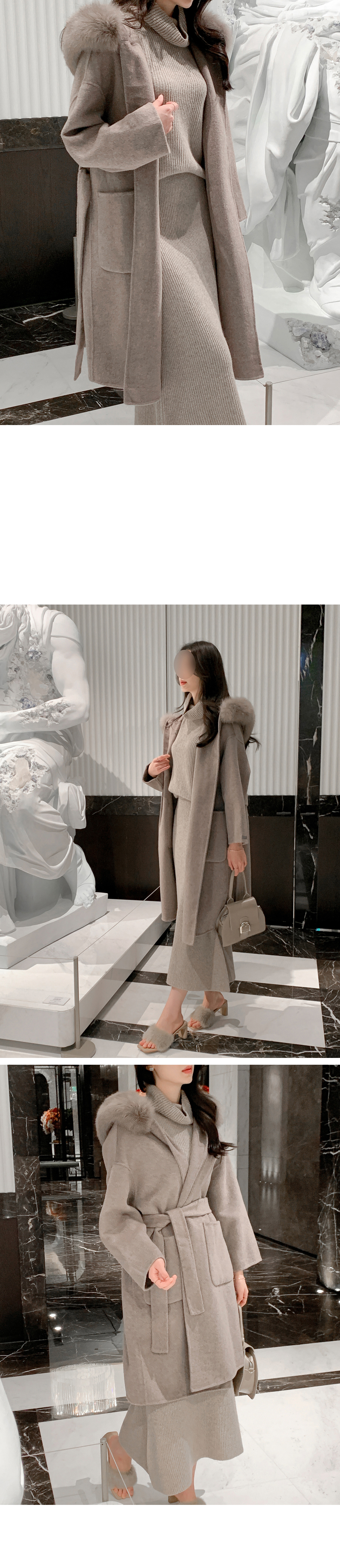 ストラップ付ファーフードロングコート | レディースファッション通販