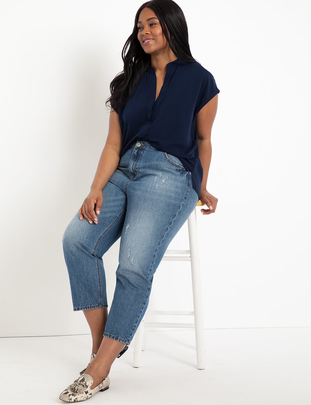 Notch Collar Blouse - Easy Fit, Button Front, Navy | ELOQUII