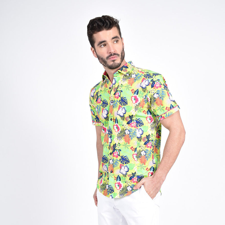 Eight-X | Designer Dress Shirts | Lime Green Hawaiian Print Shirt