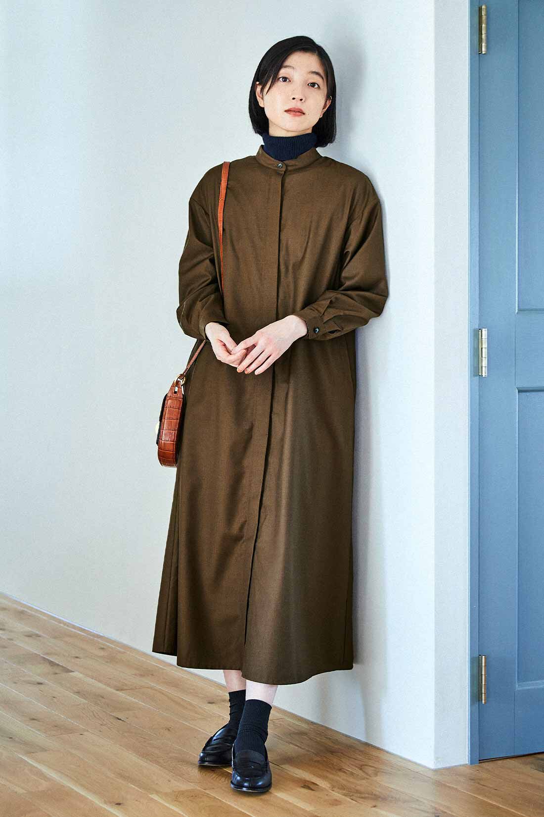 THREE FIFTY STANDARD フレアーシルエットの比翼ワンピース〈マロン