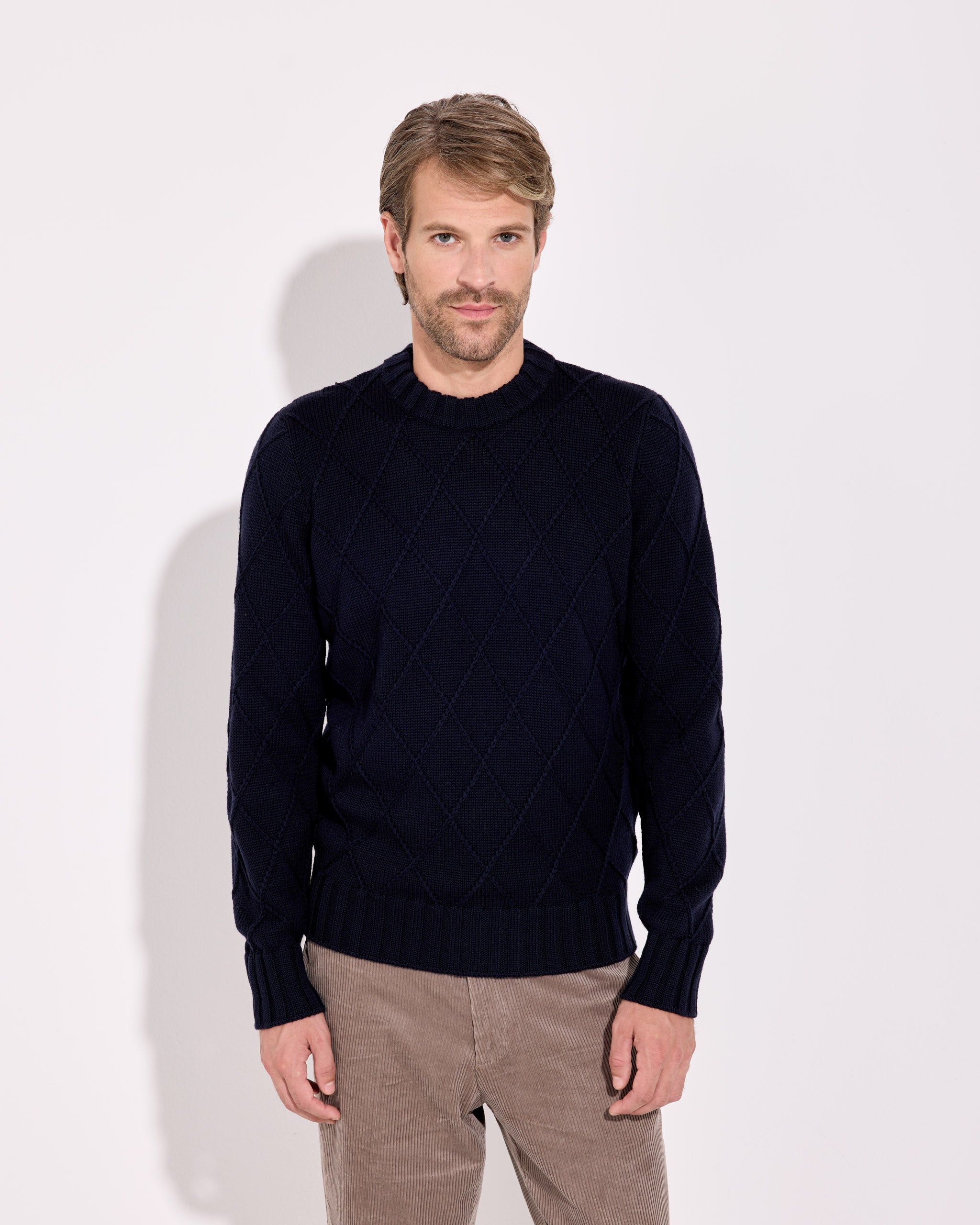 Merino Wool Diamond Crewneck sweater for Man navy blue – Filippo