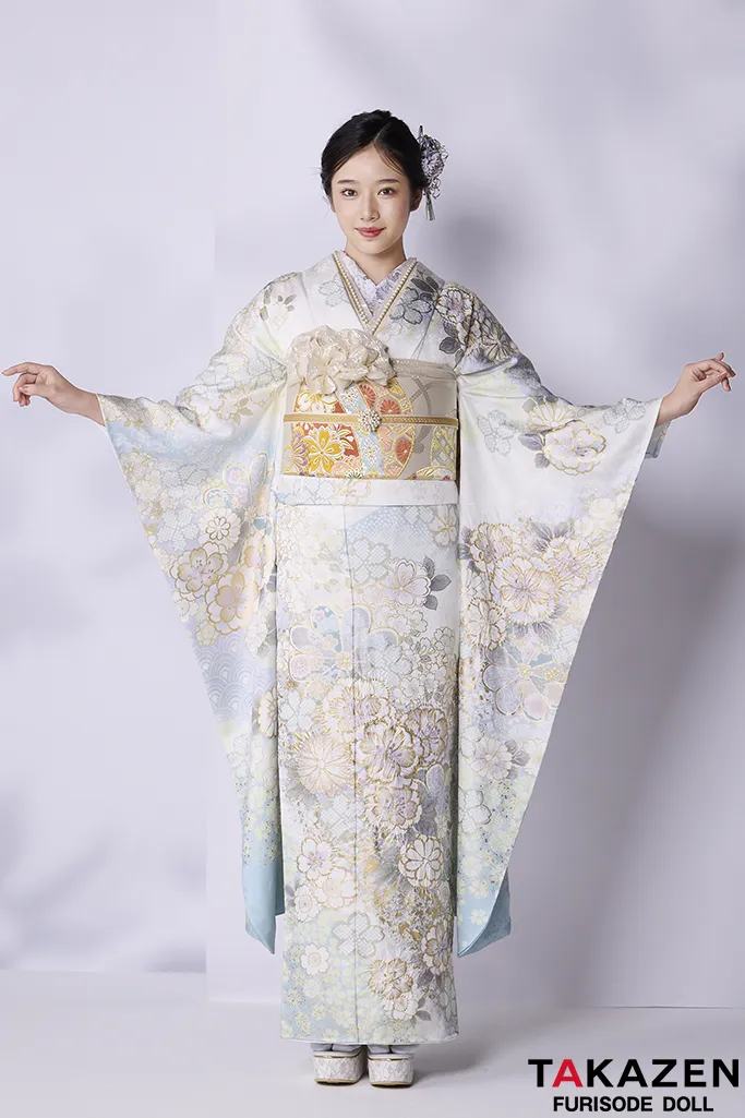 最高級古典柄振袖 関芳/最高級金彩刺繍絞り友禅 水色/白/淡い色 お