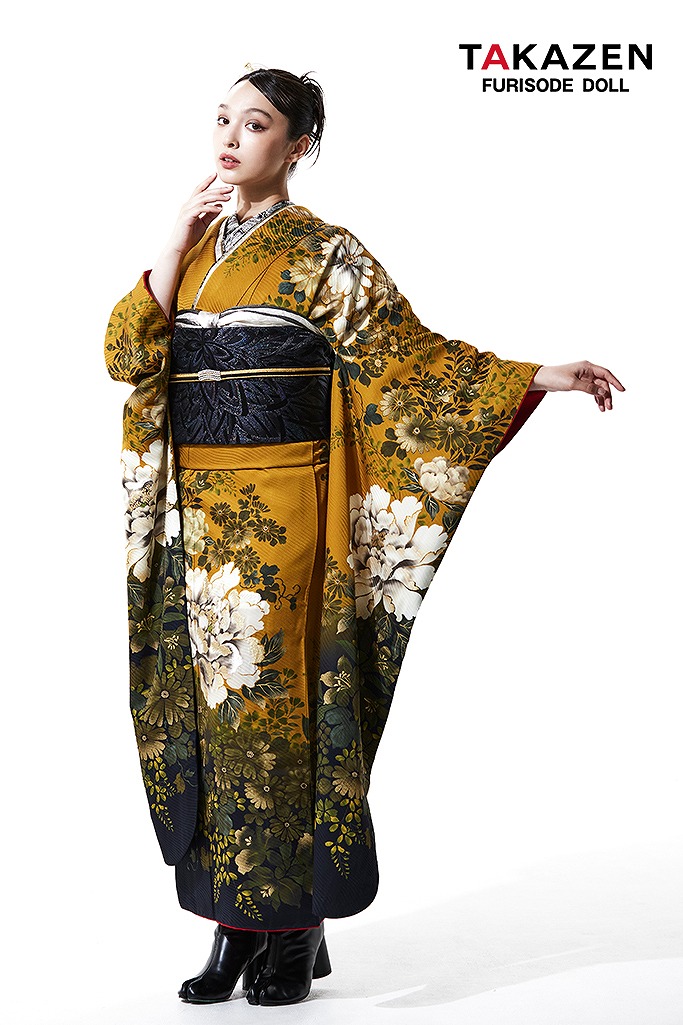 ヴィンテージスタイル からし/黒 牡丹柄 シック かっこいい 大人っぽい