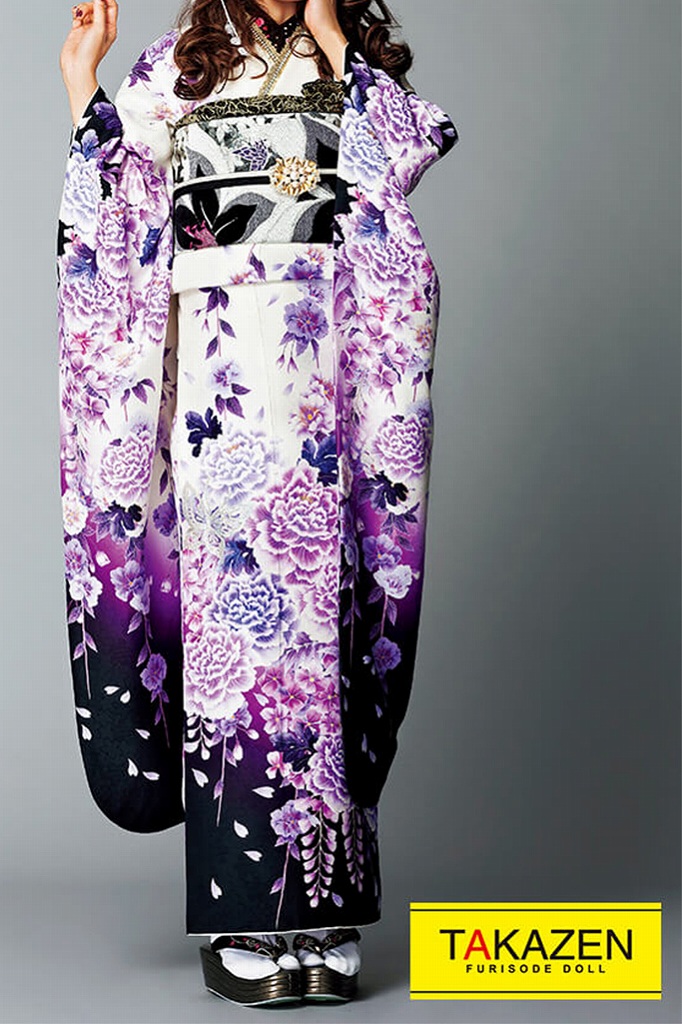 安い 大特価モード 白/黒/紫 牡丹柄 シンプル かっこいい系振袖ネット
