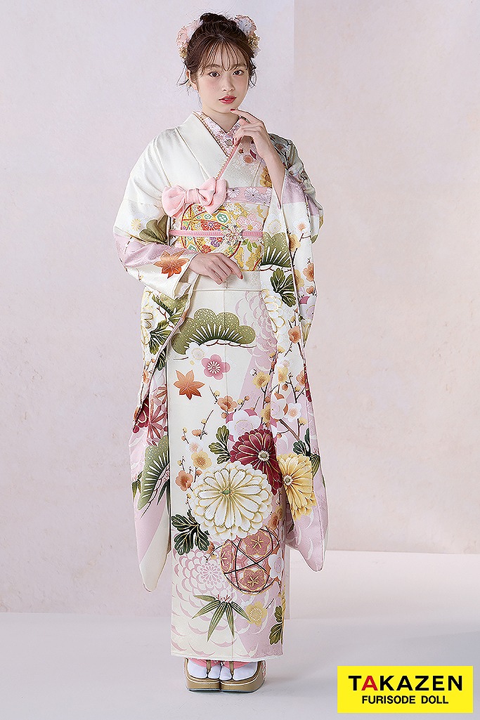 正統派古典 アイボリー/薄ピンク/くすみカラー 菊柄/大柄 かわいい振袖