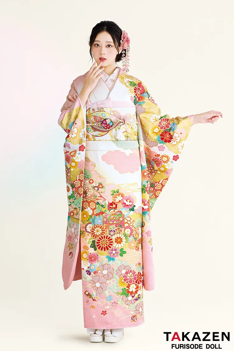 正統派古典柄振袖 吉澤織物/最高級金彩手描友禅 白/ピンク 菊柄/貝桶柄