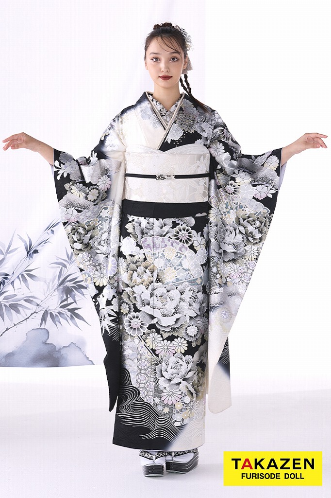 粋古典 シルバー/白黒 扇面柄/牡丹柄 最高級金彩刺繍友禅 かっこいい