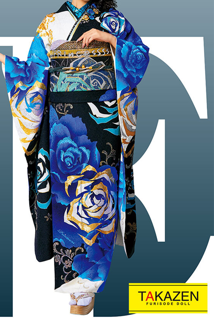 格安モード 黒/ブルー(青)/金 薔薇柄 派手 豪華 ギャル クール系振袖