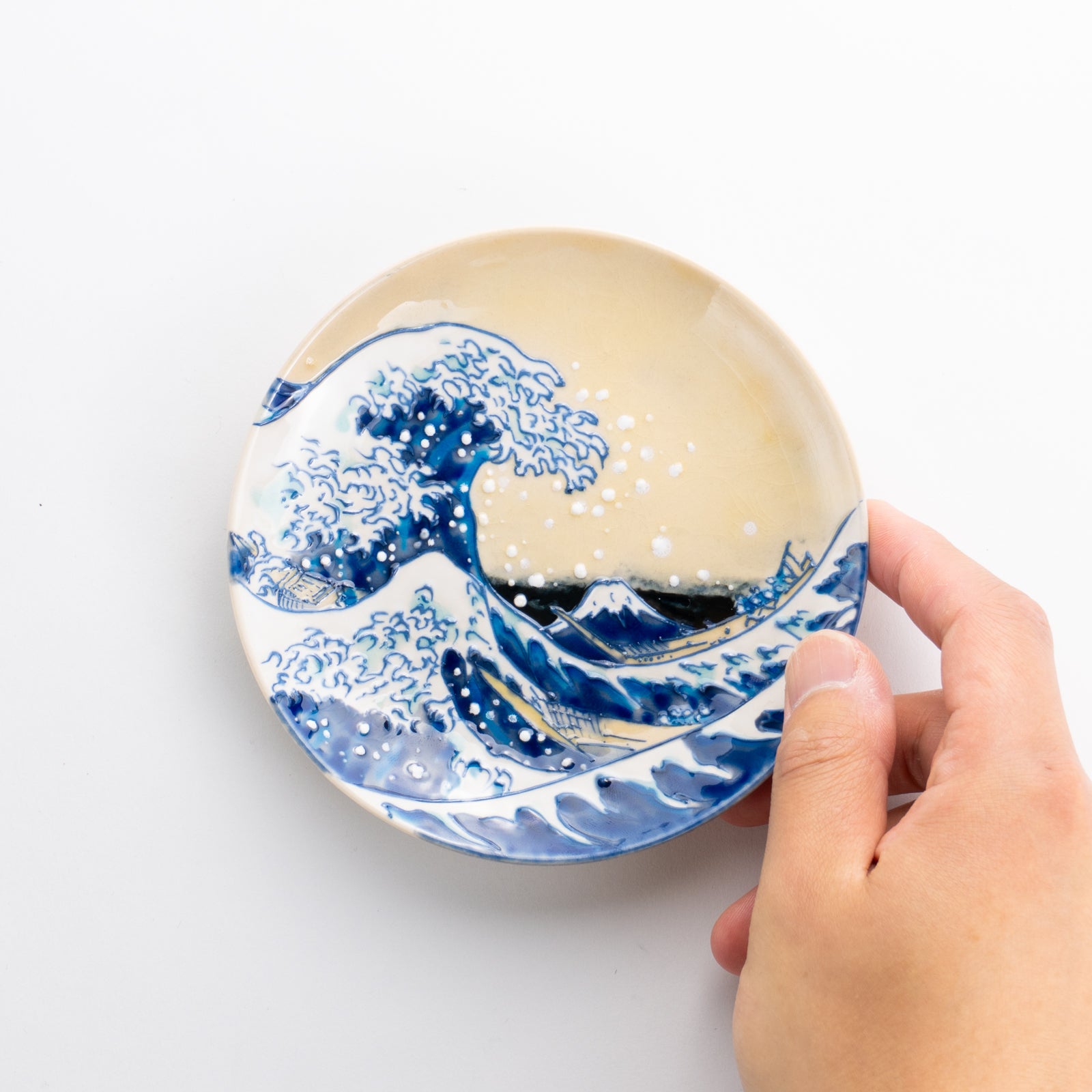 京都 清水焼】4寸飾皿 北斎写「富嶽三十六景 神奈川沖浪裏」 山本一如