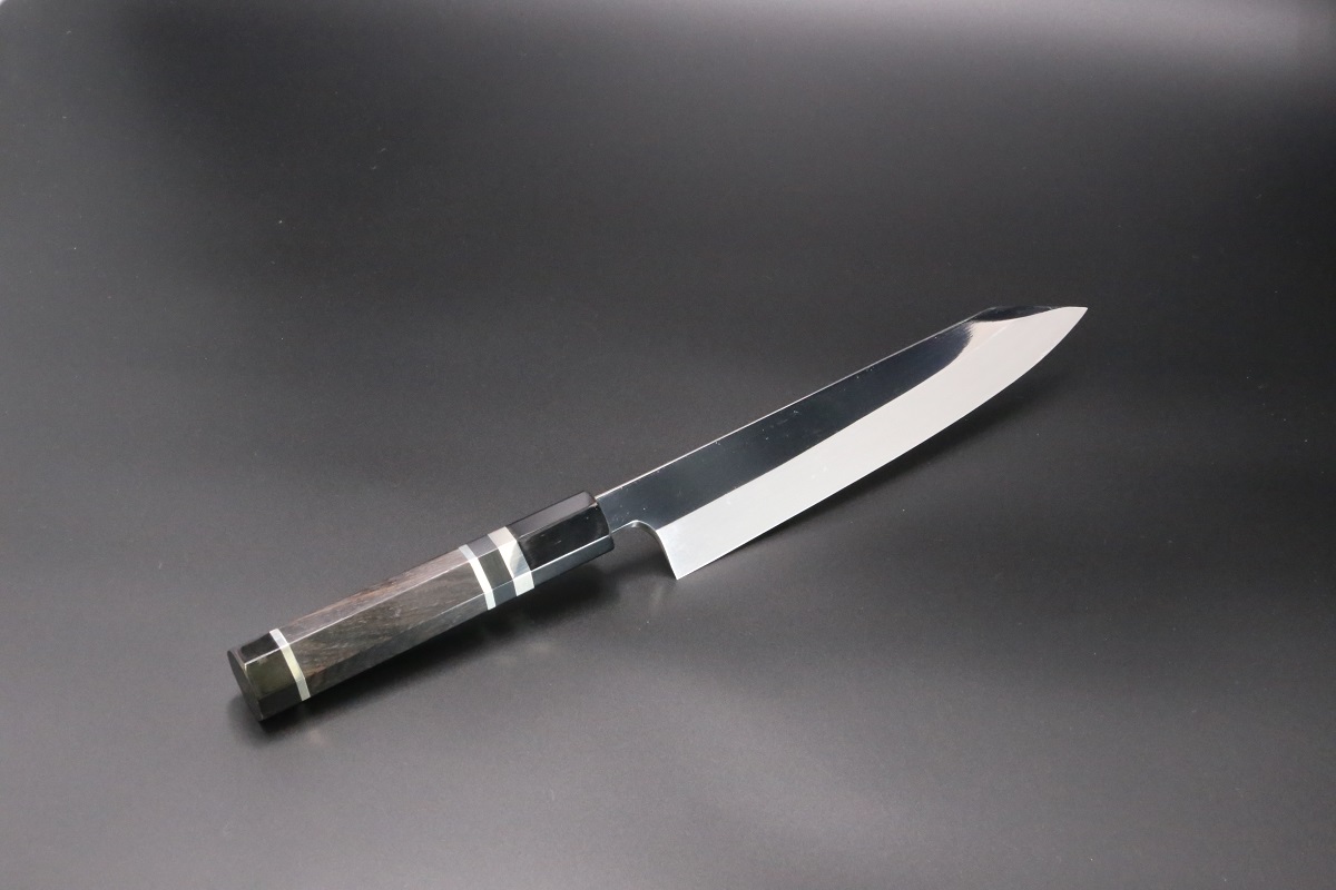 勘所 切付 V金10号 210mm 直刀 全鋼本焼 黒檀柄 鞘付き-歌舞伎ナイフ