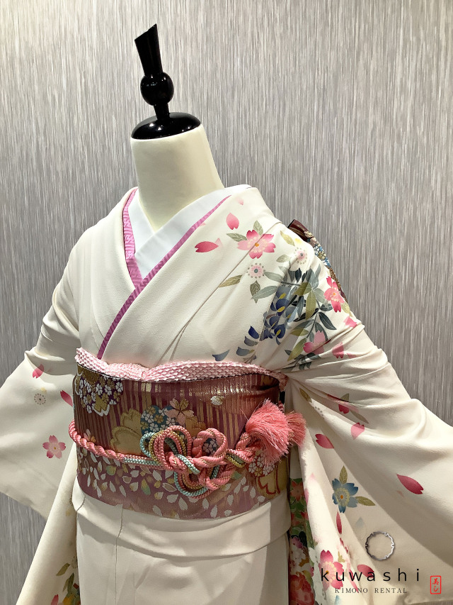 正絹振袖レンタル】 80019 ホワイト／ピンク扇面四季花正絹振袖
