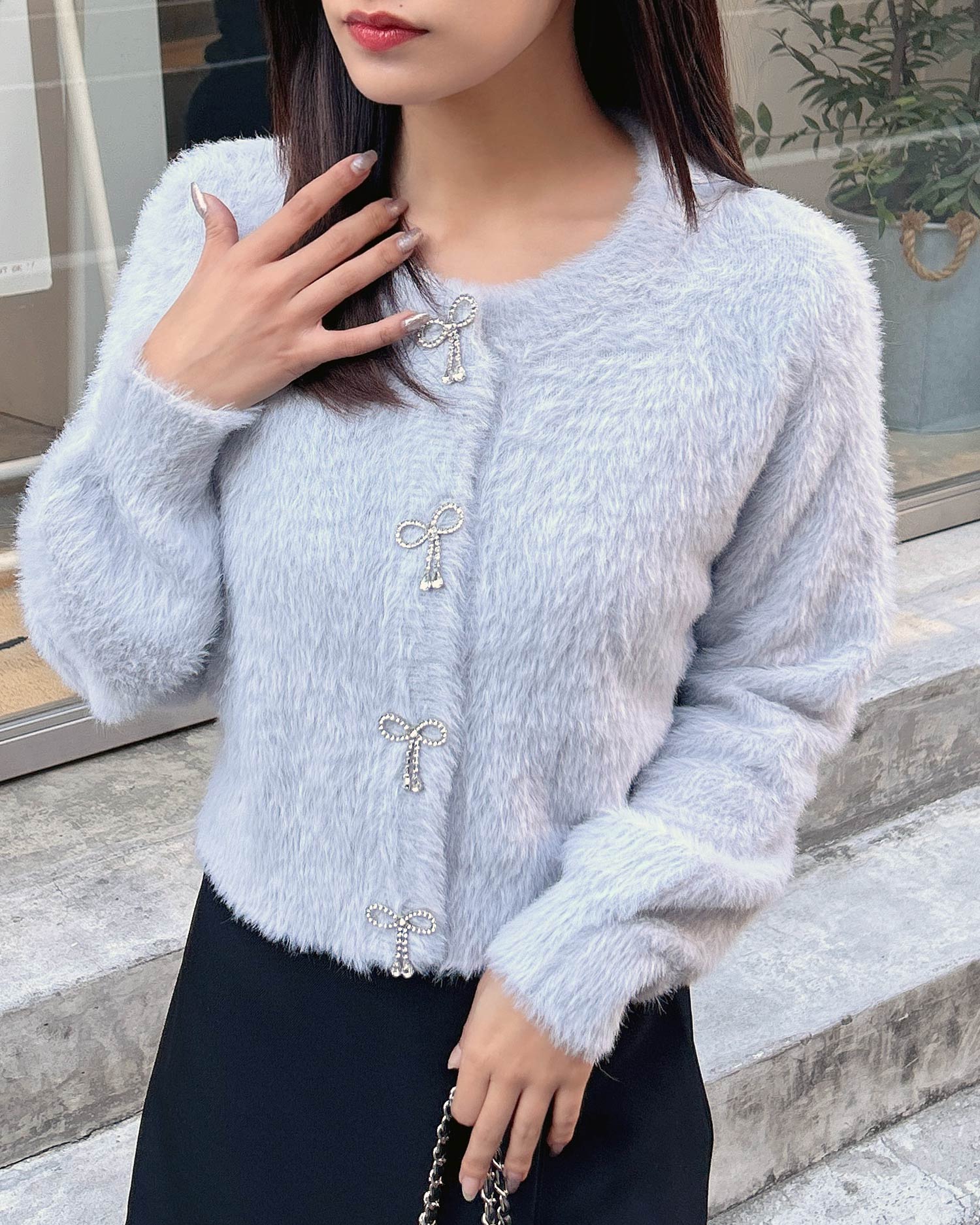 クルーネックリボンボタンフェザーニットカーディガン｜INGNI(イング