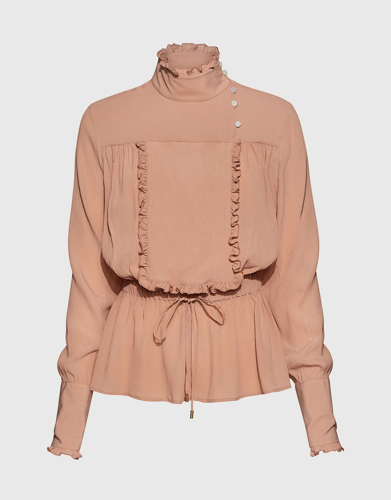 Stella Jean High Neck Ruffled Trim Waist Tie Blouse (Tops) IFCHIC.COM