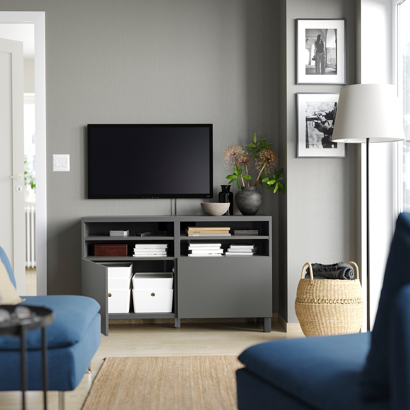 BESTÅ ベストー テレビ台 扉付き, ダークグレー/ラップヴィーケン