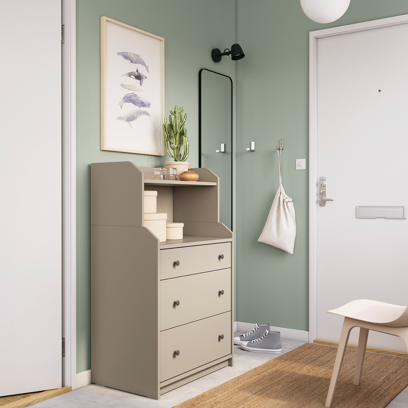 HAUGA ハウガ チェスト（引き出し×3）棚板付き, ベージュ, 70x46x116