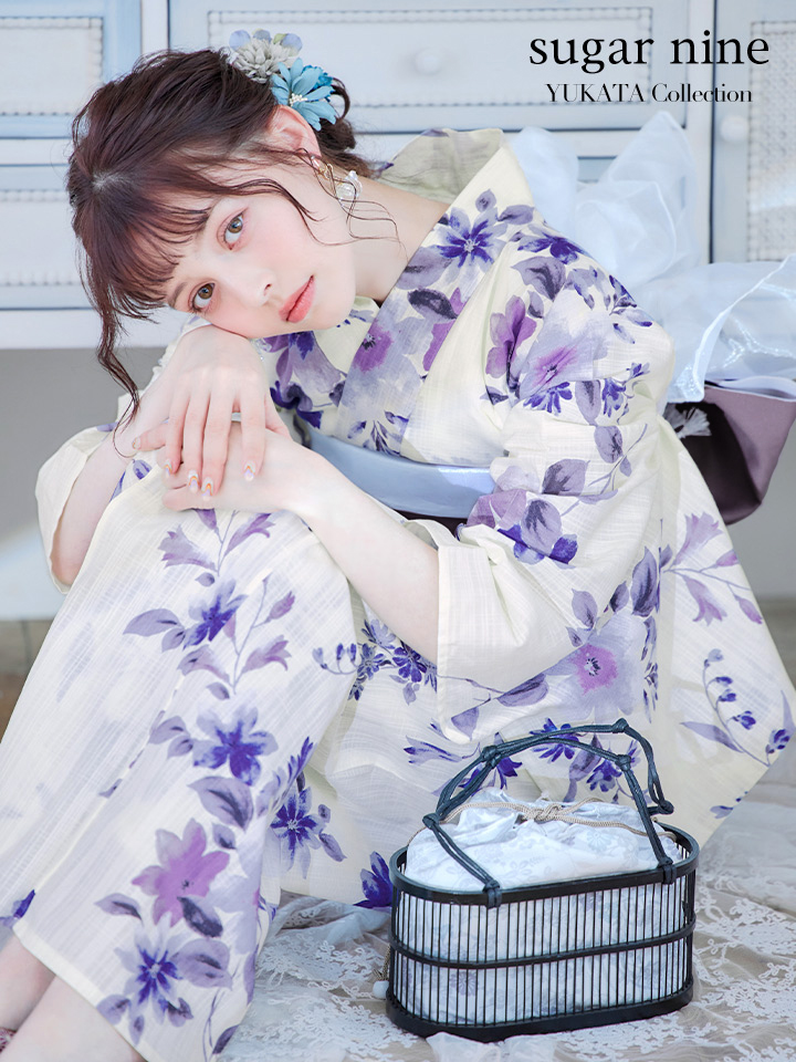 即日発送】白地xパープルグラデーション浴衣【浴衣3点セット 浴衣/帯