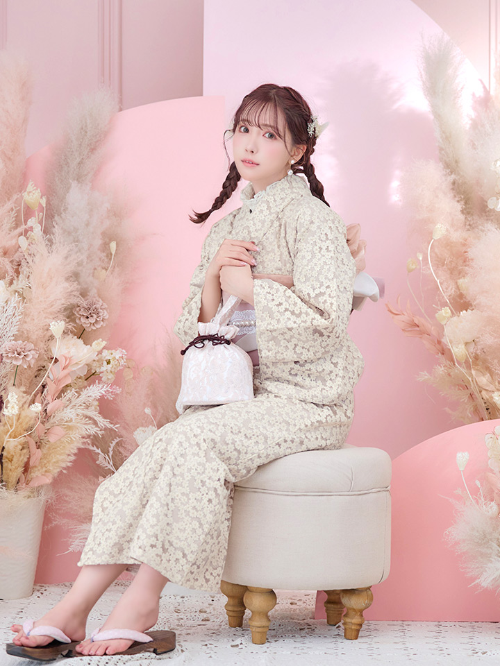 即日発送】くすみピンク地x小花レース浴衣 【浴衣3点セット 浴衣/帯