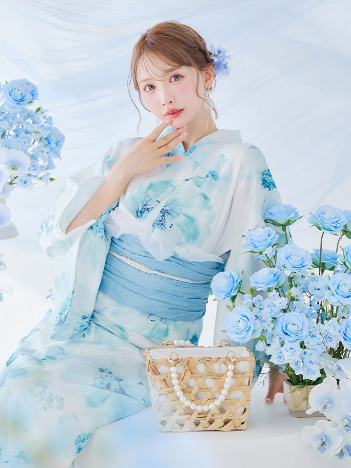 即日発送】ブルーグレイニュアンスフラワー浴衣 【浴衣3点セット 浴衣