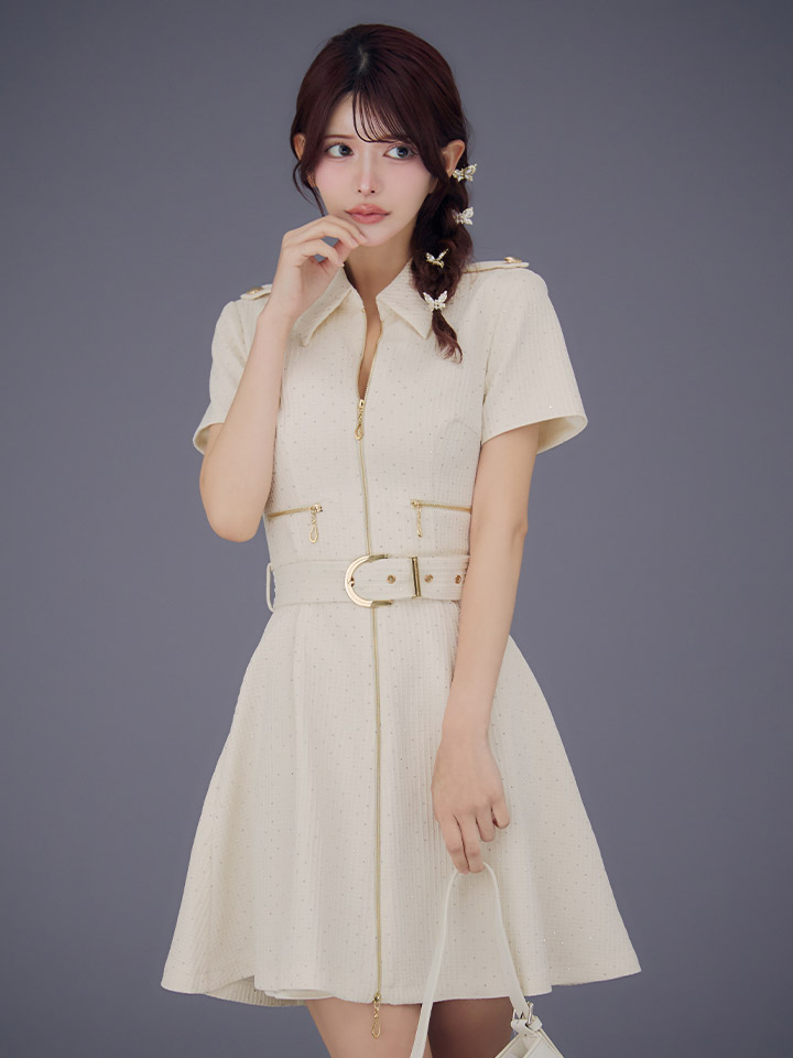 襟付きジップスタッズワッフルベルトミニドレス/キャバドレス【XS-L