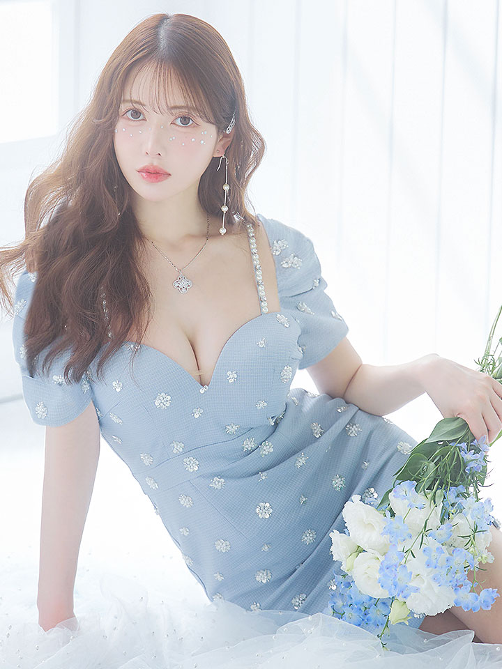 フラワースパンコールドレス/ツイード/パール/スリット/谷間見せ