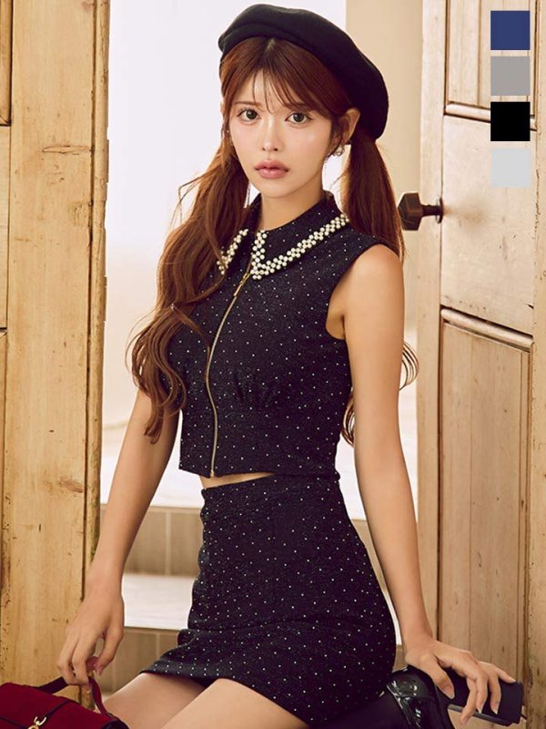 即日発送】送料無料!パール襟フロントジップセットアップタイトミニ