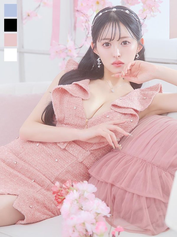 新色登場！ビジューラメツイードフリルドレス/キャバドレス【XS-XL