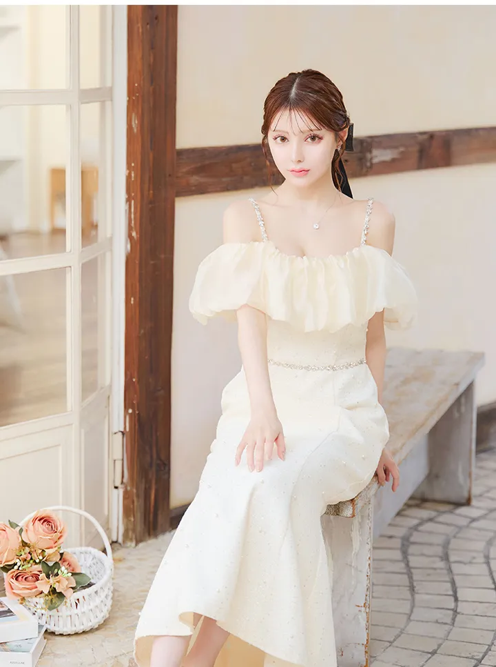 sifeel/シフィール】シフォンバルーンツイードパールロングドレス