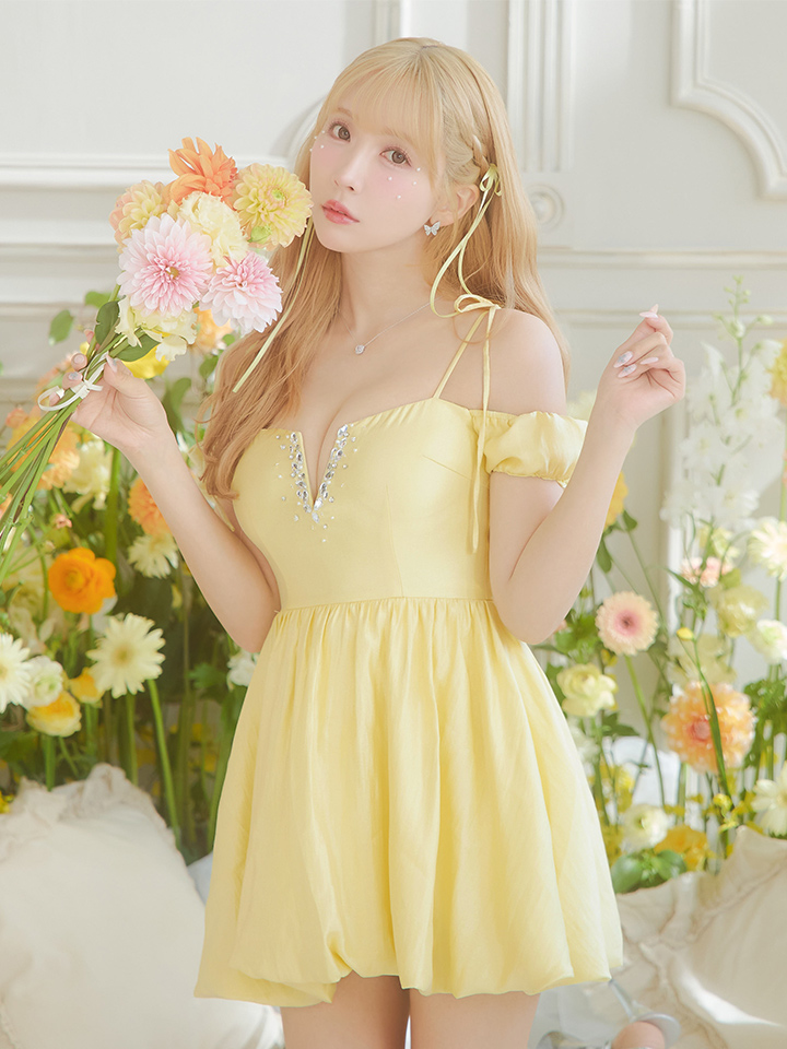 オフショルダーキャミソールビジューフレアドレス/キャバドレス【XS-L