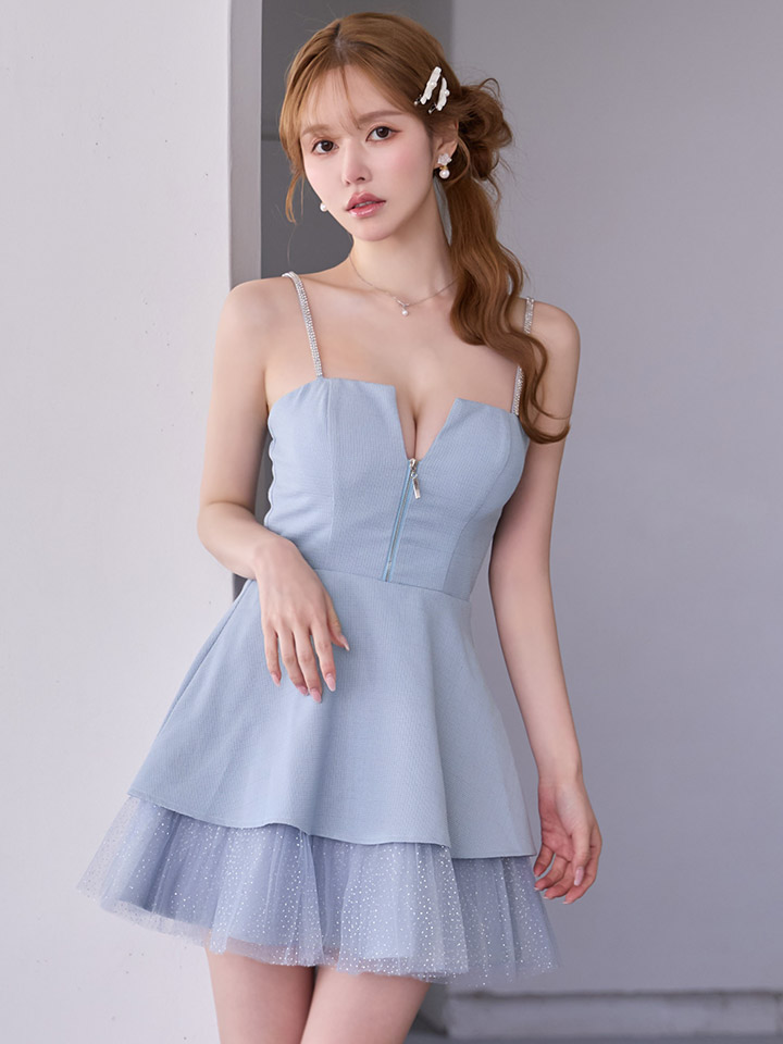 送料無料!ツイードチュールティアードフレアミニドレス/キャバドレス