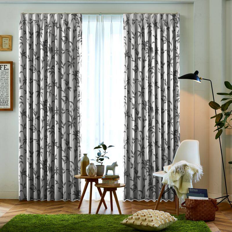 備長炭プリント】オリエンタルリーフ カーテン JF-35009 ブラック