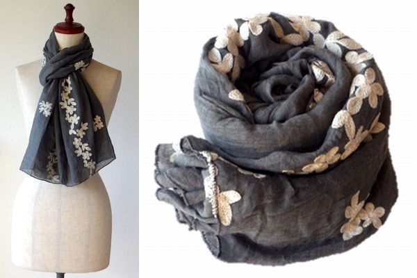 フラワー刺しゅう ストール 花モチーフの大判ストール ローズ 白