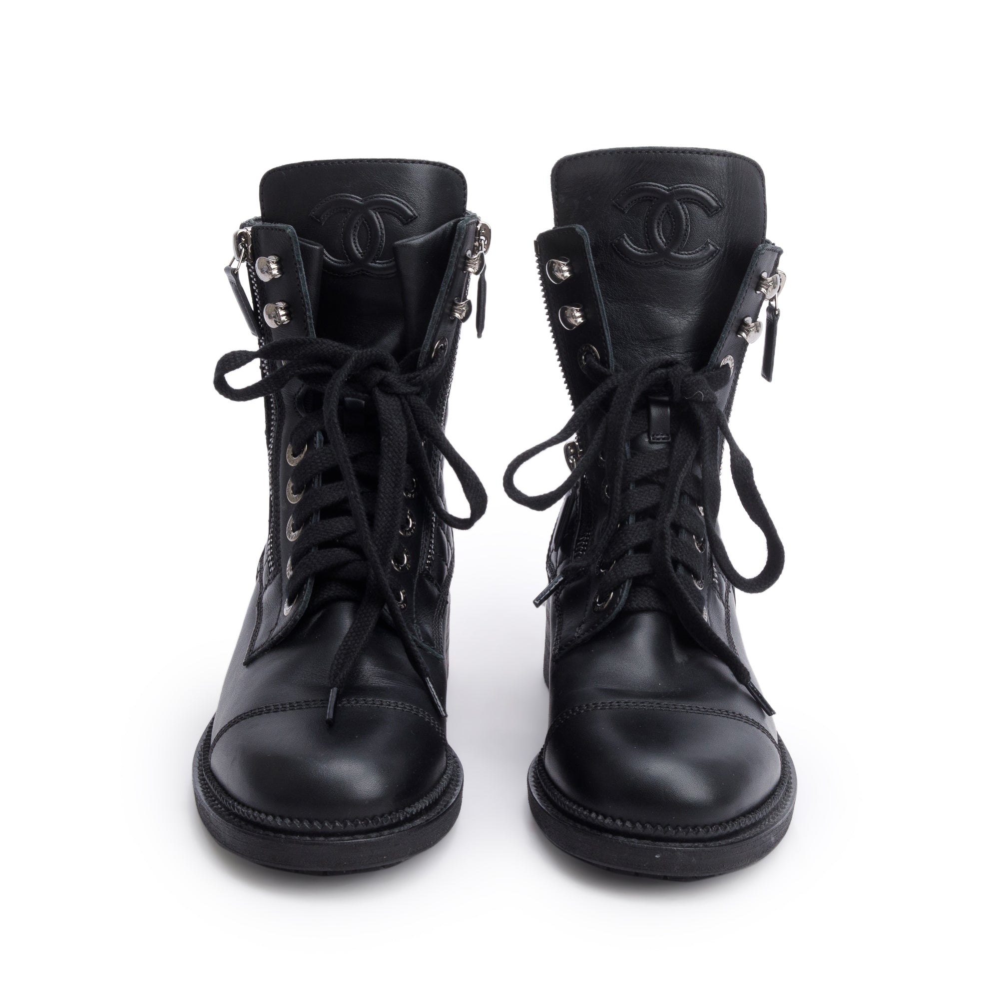 Chanel Black Quilted Leather Interlocking CC Logo Combat Boots