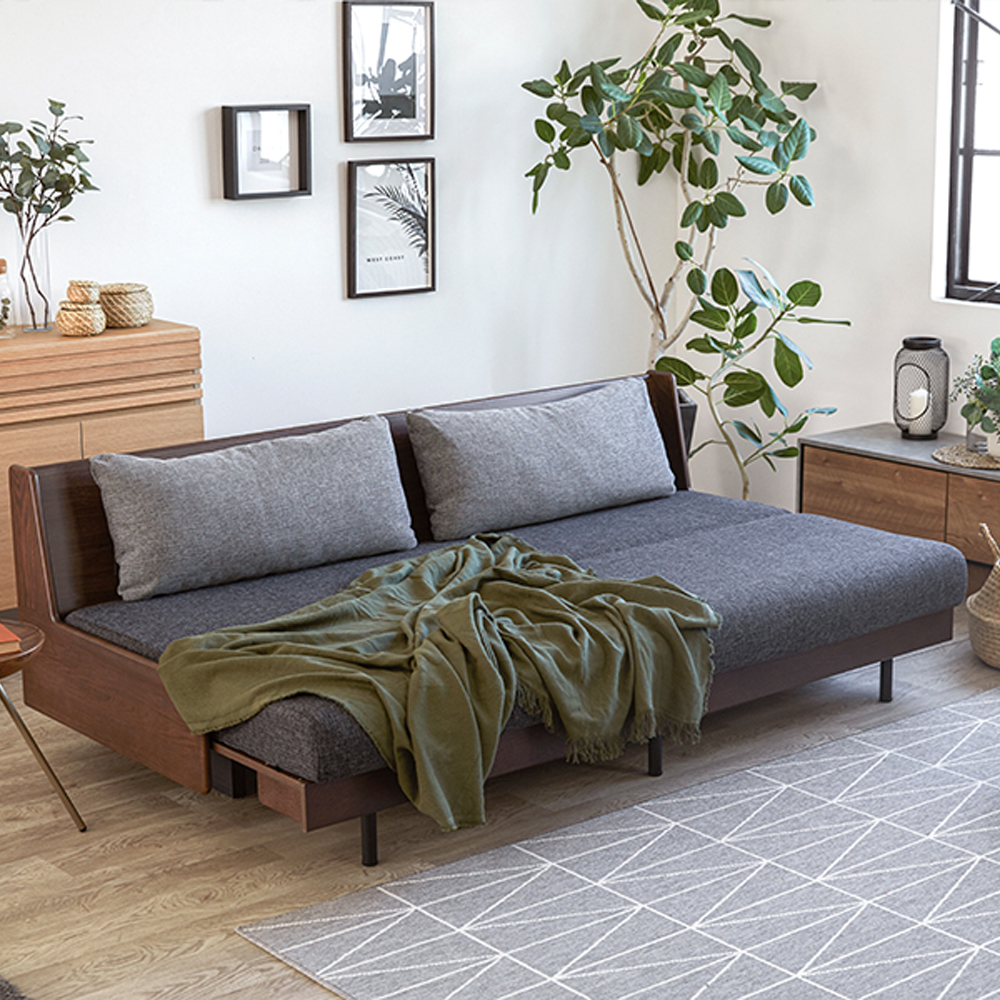 無垢材ソファベッド ブラウン×ダークグレー - ローソファ・フロア