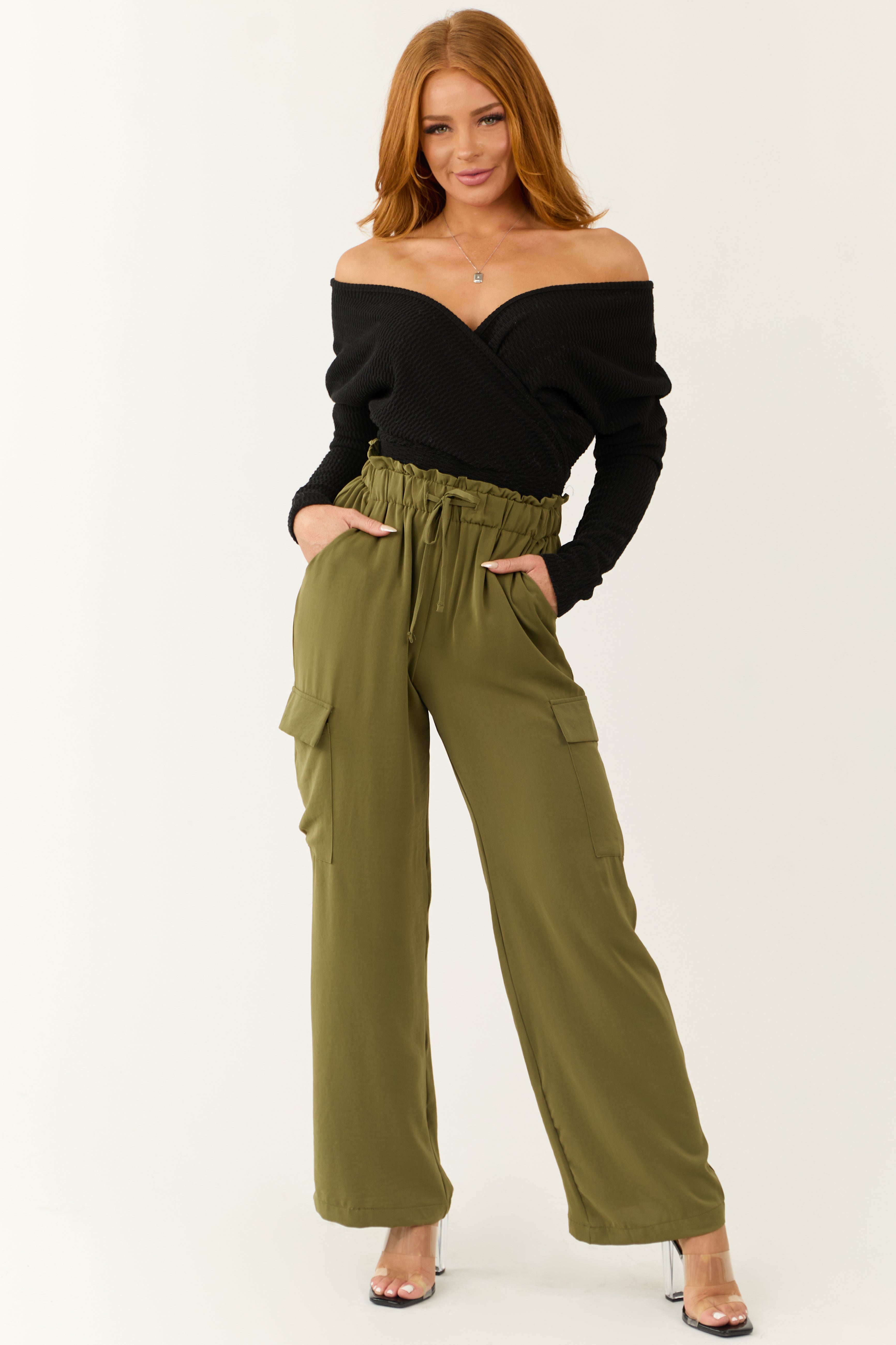 Olive Elastic Paperbag Waist Drawstring Cargo Pants | Lime Lush