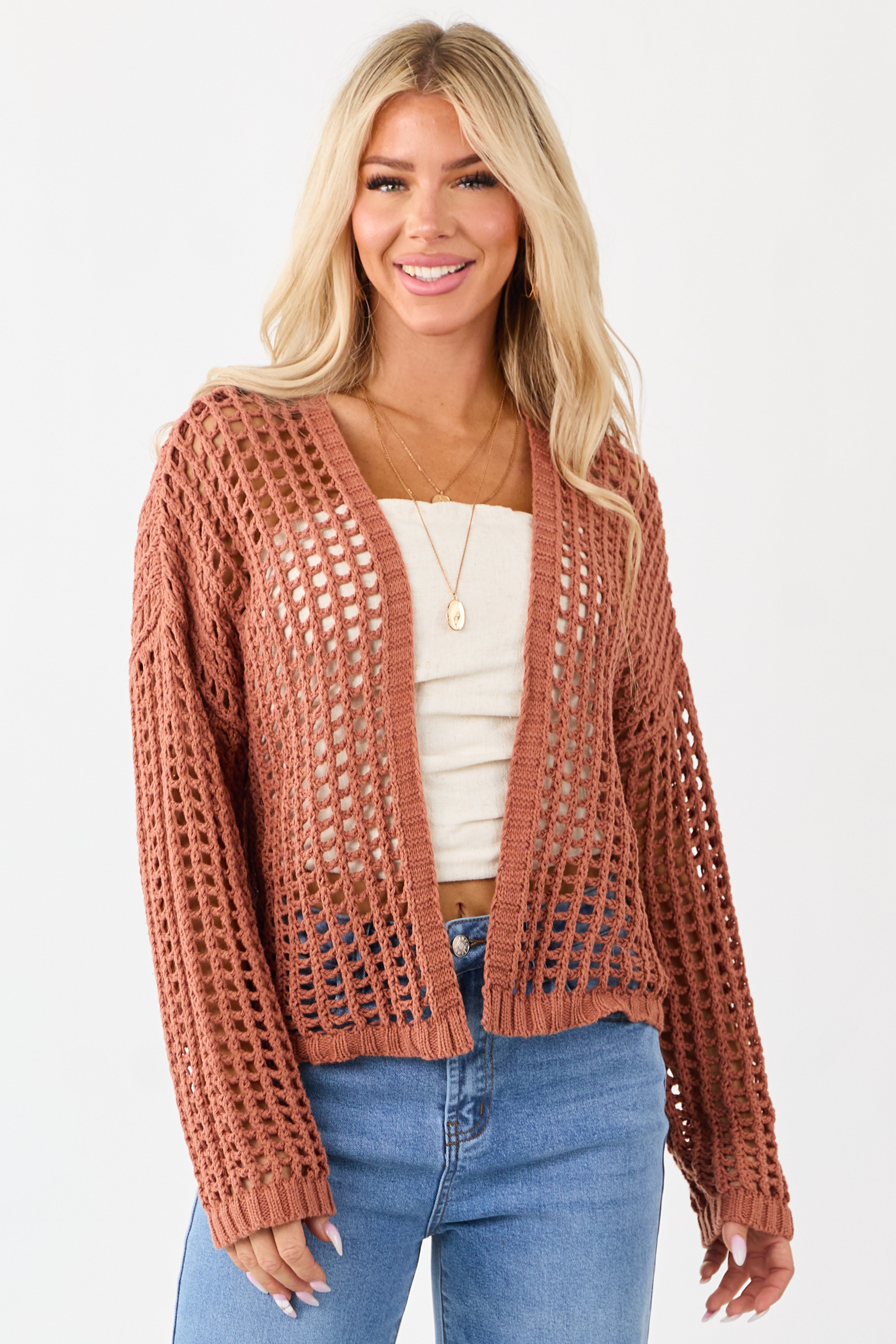 Terracotta Crochet Knit Open Front Cardigan | Lime Lush Boutique