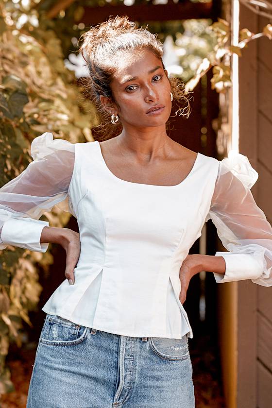 White Peplum Top - Trendy Organza Sleeve Top - Puff Sleeve Top - Lulus