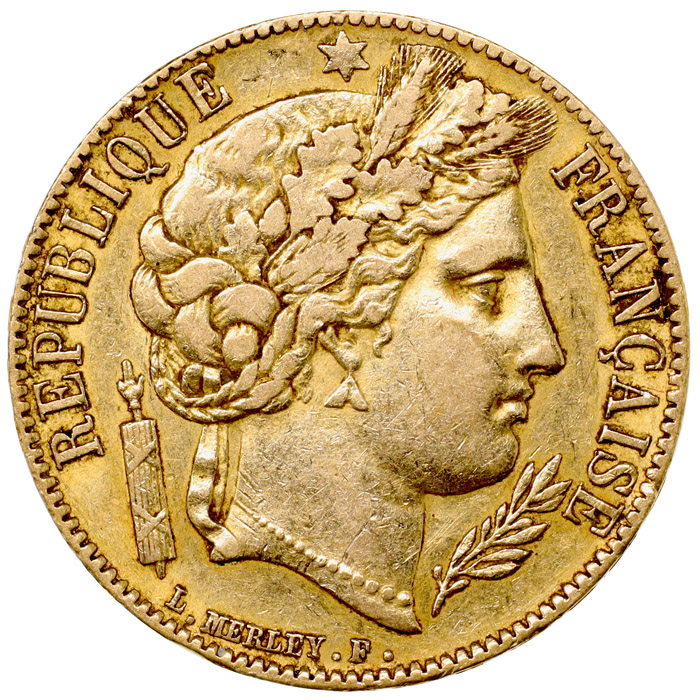 フランス 1851A セレス女神 Ceres 20フラン 金貨 パリミント 美品