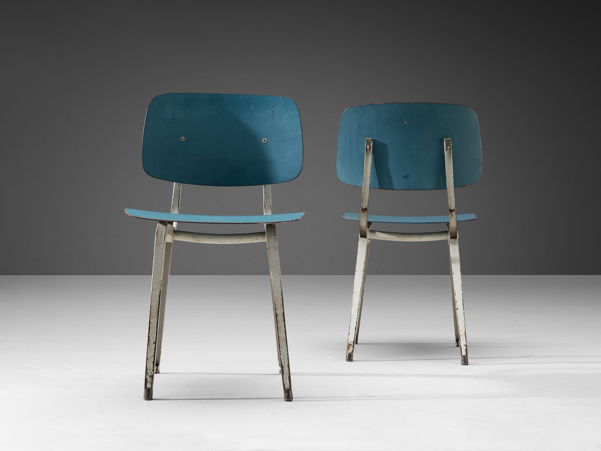 Friso Kramer Set of Eight 'Revolt' Dining Chairs in Metal and Blue Ply
