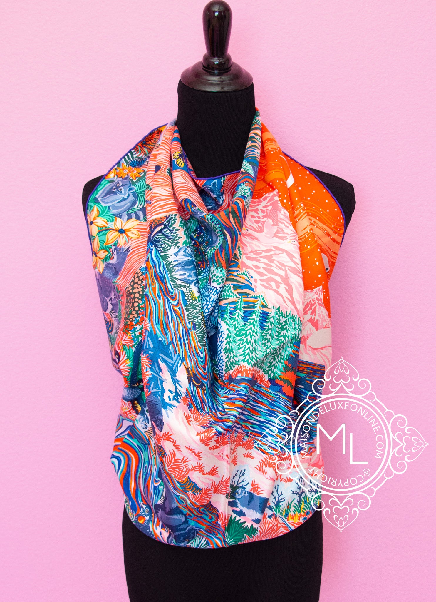 Hermes Orange Twill Silk 90 36 Into the Canadian Wild Scarf Shawl