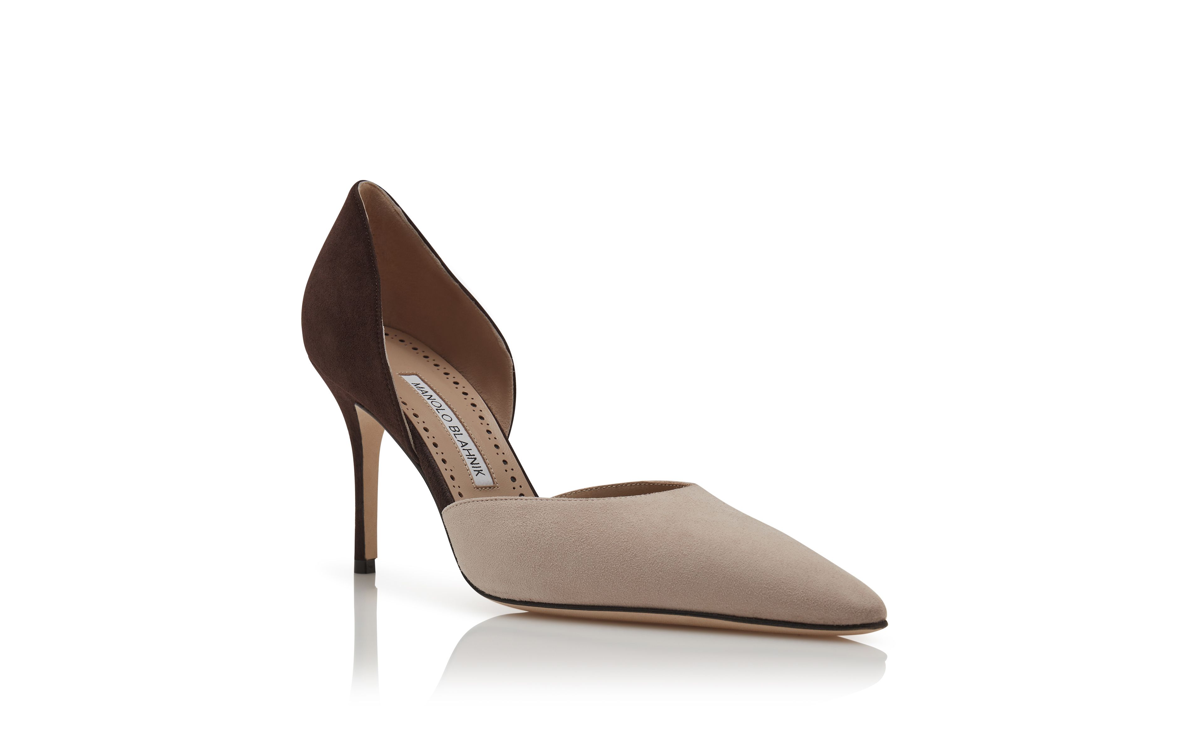 TAYLERBINU | Light Beige and Brown Suede D'Orsay Pumps | Manolo