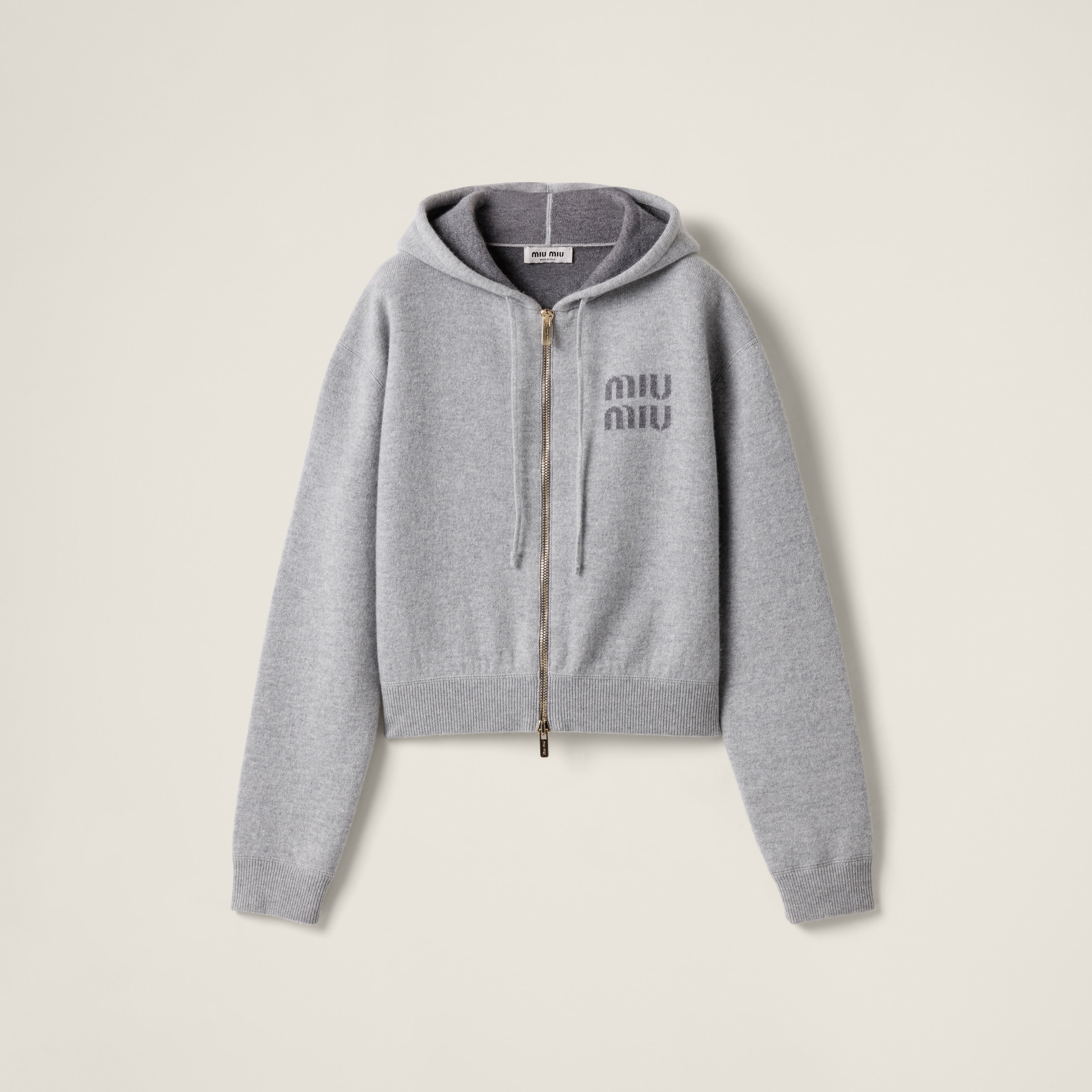 Grey Double Cashmere Zipper Hoodie Cardigan | Miu Miu