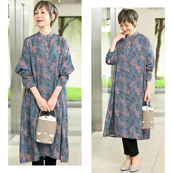 バンドカラー総柄プリントワンピース◎ | 京都通販ミセスの