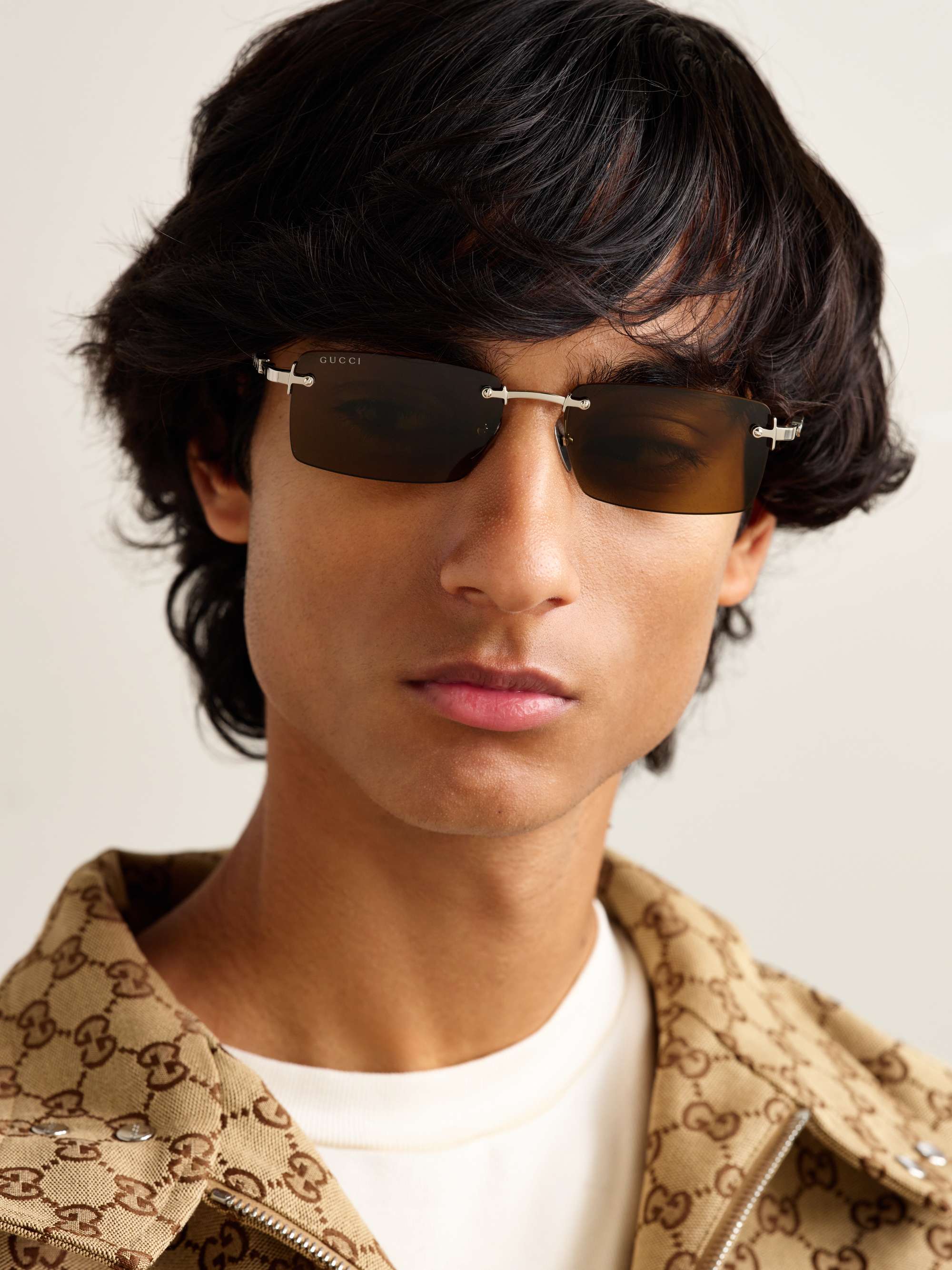 GUCCI EYEWEAR Rimless Rectangular-Frame Silver-Tone Sunglasses for