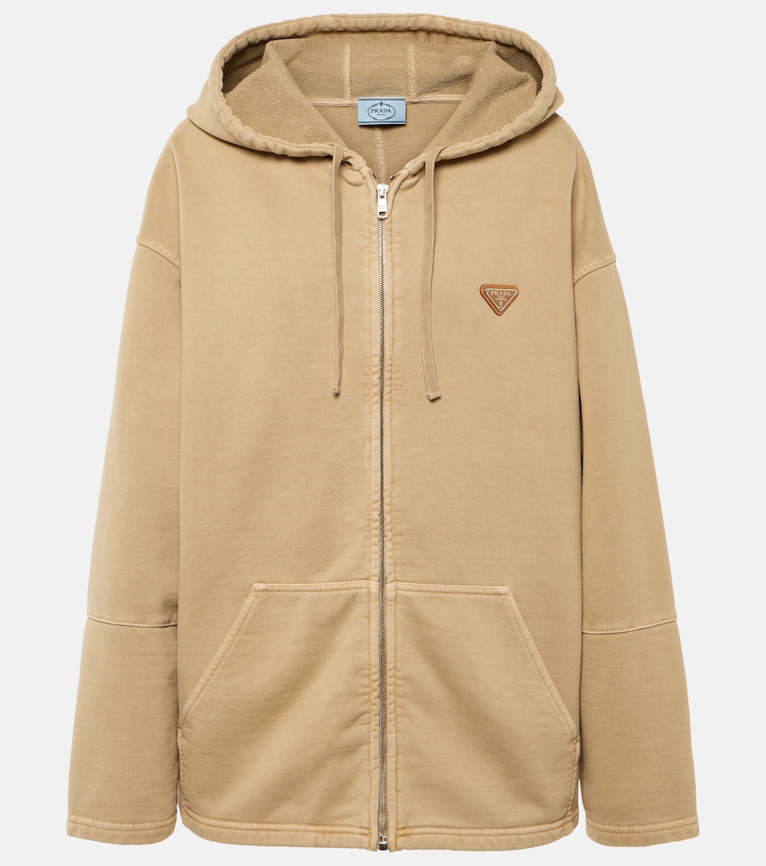 Oversized cotton zip-up hoodie in beige - Prada | Mytheresa